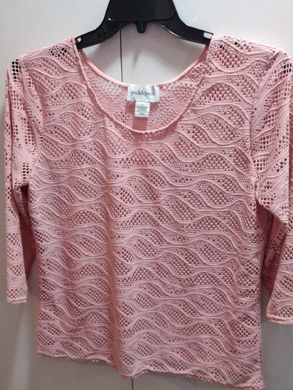 Peck & Peck Soft Pink Crochet Wave Knit Long Sleeve Top